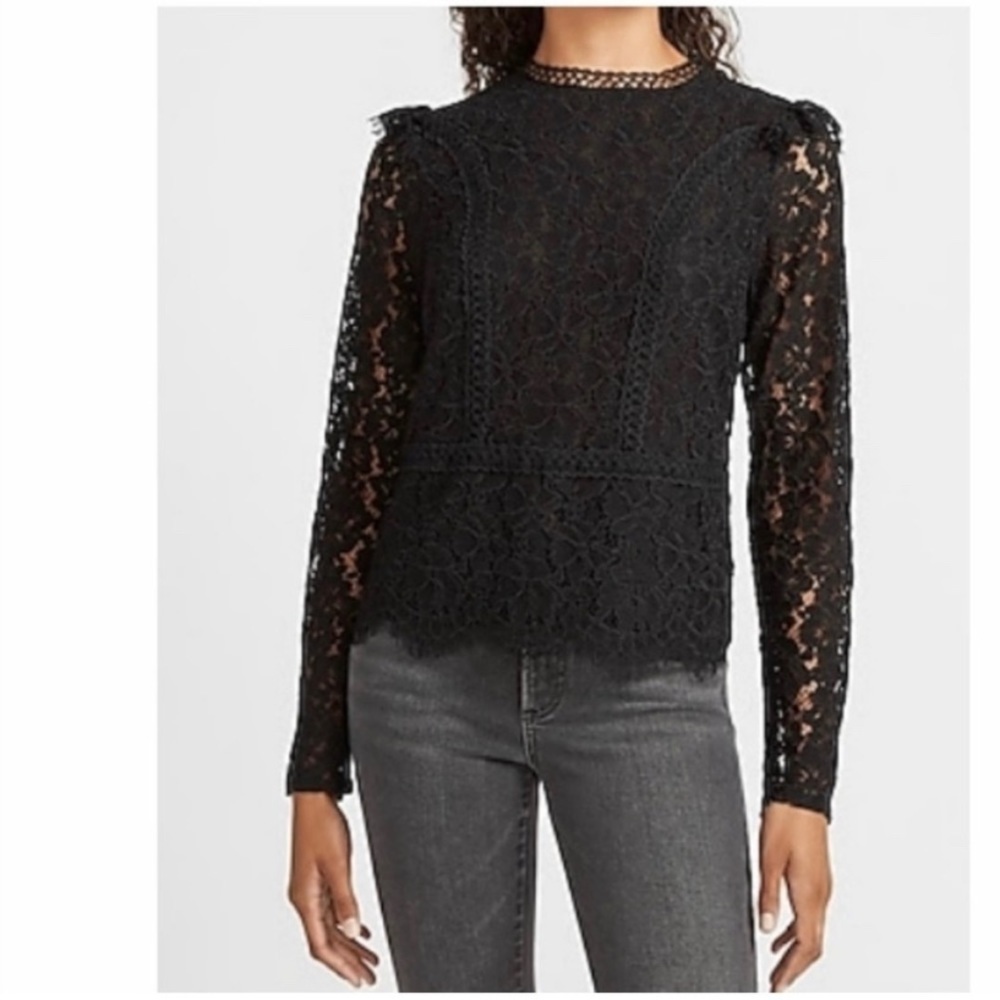 Express Black Scalloped Lace Hem Long Sleeve Blouse Size XS